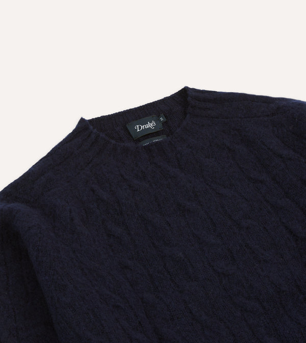 Drake's Navy Brushed Cable Knit Shetland Crew Neck Jumper