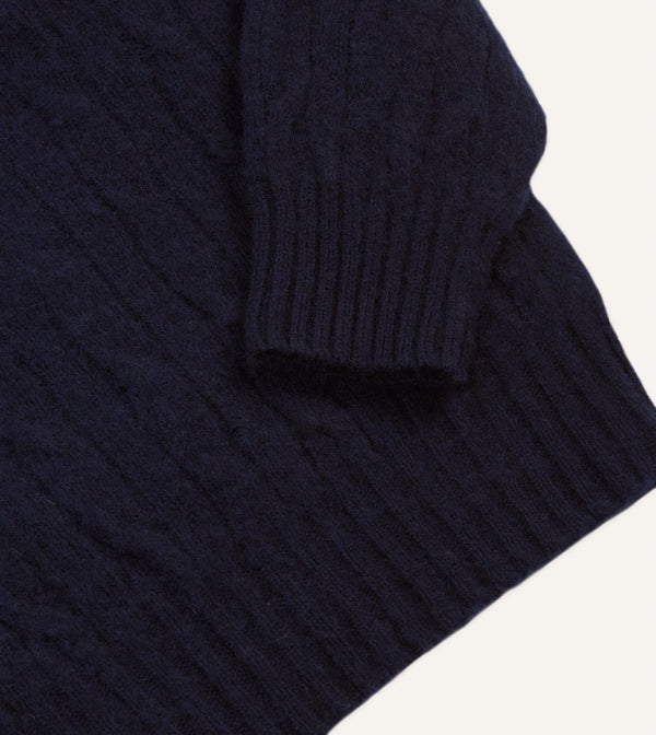Drake's Navy Brushed Cable Knit Shetland Crew Neck Jumper