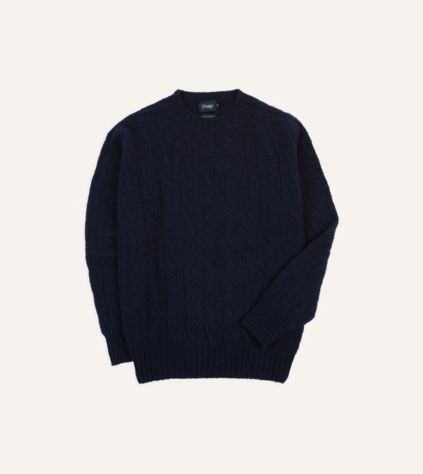 drake's Navy Brushed Cable Knit Shetland Crew Neck Jumper