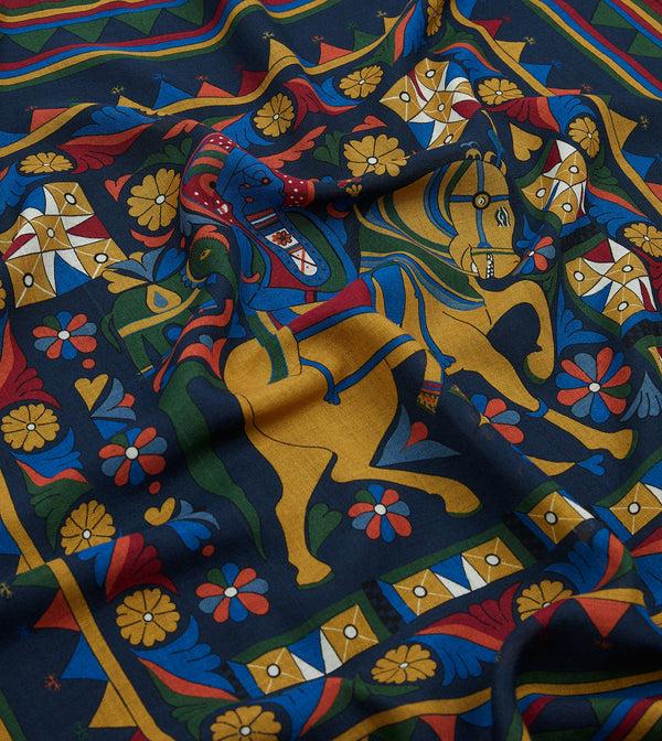 Drake's Navy Buddhist Rider Print Wool-Silk Bandana