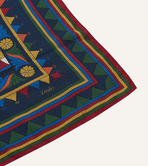 Drake's Navy Buddhist Rider Print Wool-Silk Bandana