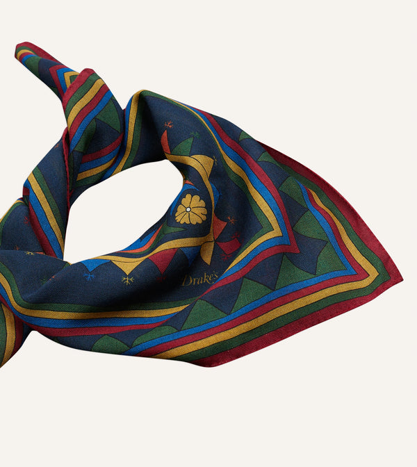 Drake's Navy Buddhist Rider Print Wool-Silk Bandana