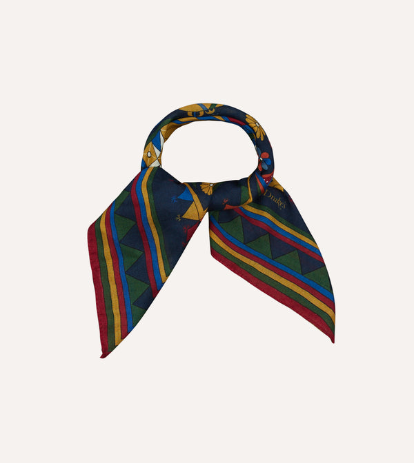 drake's Navy Buddhist Rider Print Wool-Silk Bandana