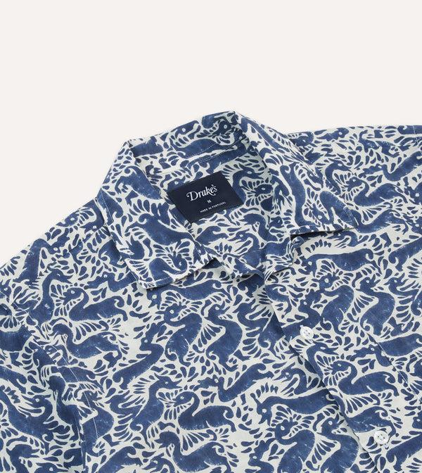Drake's Navy Duck Block Print Cotton Camp Collar Short Sleeve Shirt