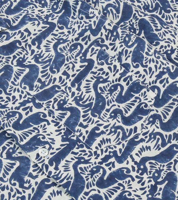 Drake's Navy Duck Block Print Cotton Camp Collar Short Sleeve Shirt