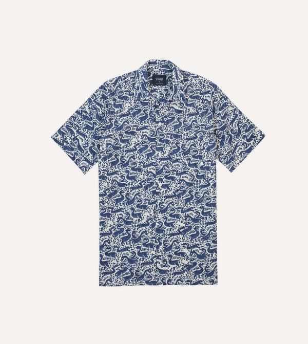 drake's Navy Duck Block Print Cotton Camp Collar Short Sleeve Shirt
