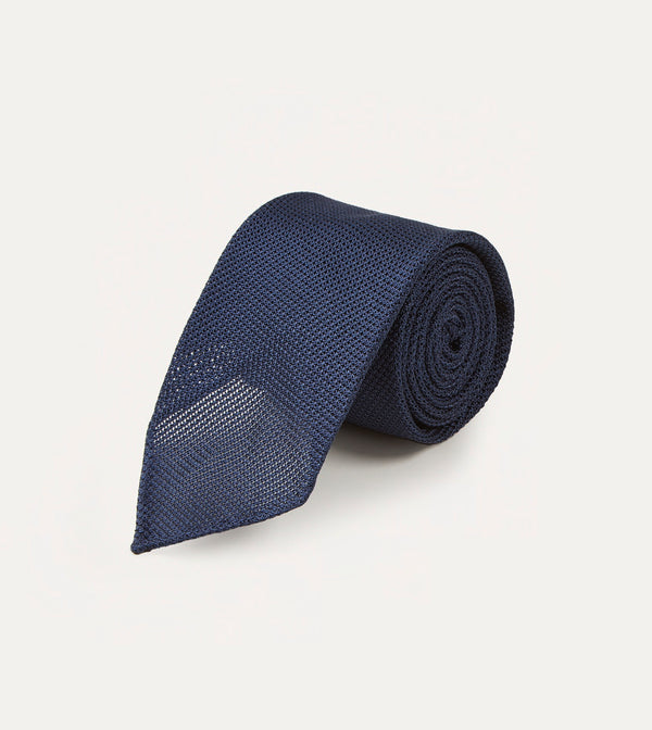 Drake's Navy Fine Woven Grenadine Silk Hand Rolled Tie