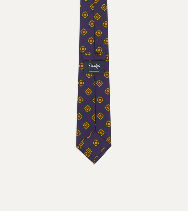 Drake's Navy Flower Medallion Print Madder Silk Self Tipped Tie