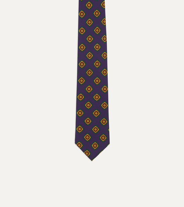 Drake's Navy Flower Medallion Print Madder Silk Self Tipped Tie