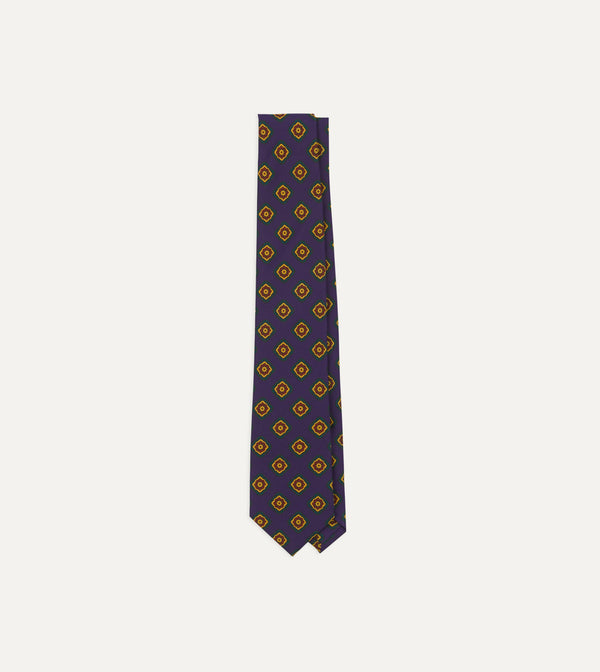 drake's Navy Flower Medallion Print Madder Silk Self Tipped Tie