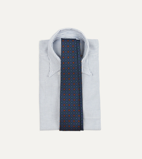 Drake's Navy Flower Medallion Print Silk Twill Self Tipped Tie