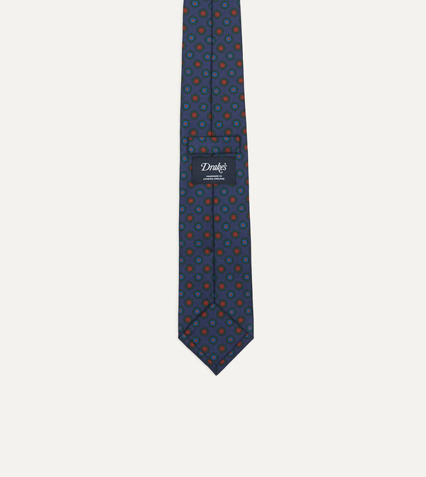 Drake's Navy Flower Medallion Print Silk Twill Self Tipped Tie