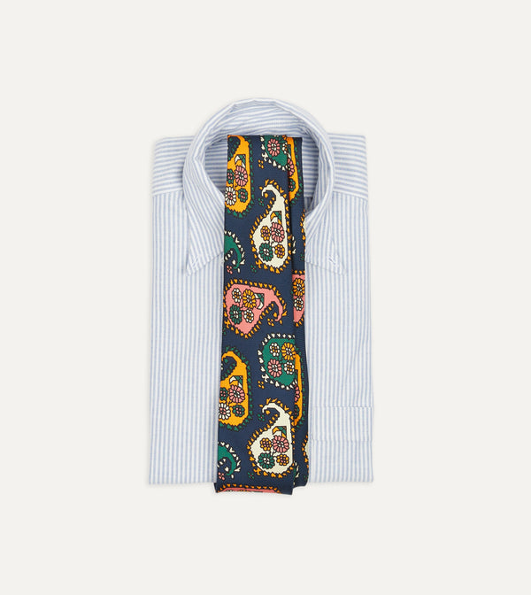 Drake's Navy Geometric Paisley Print Twill Silk Tipped Tie