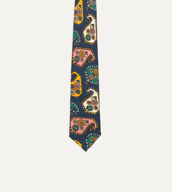 Drake's Navy Geometric Paisley Print Twill Silk Tipped Tie