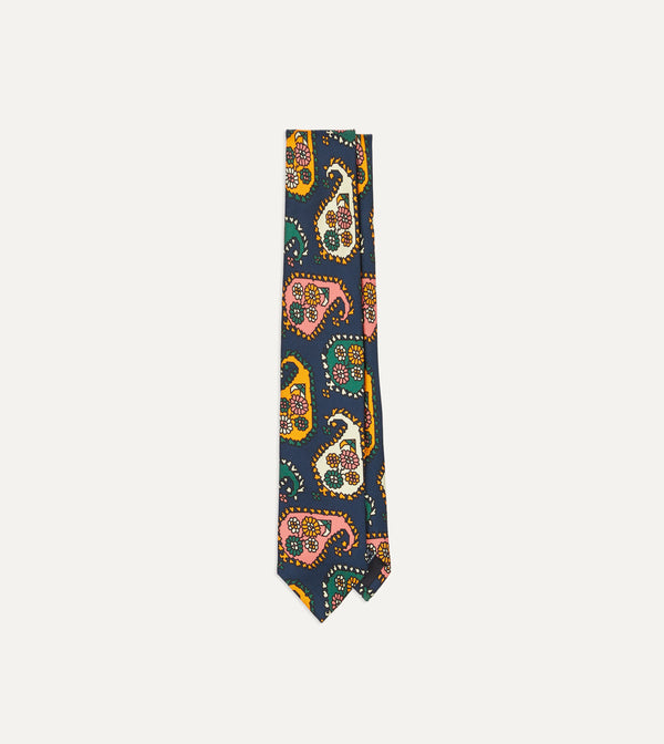 drake's Navy Geometric Paisley Print Twill Silk Tipped Tie