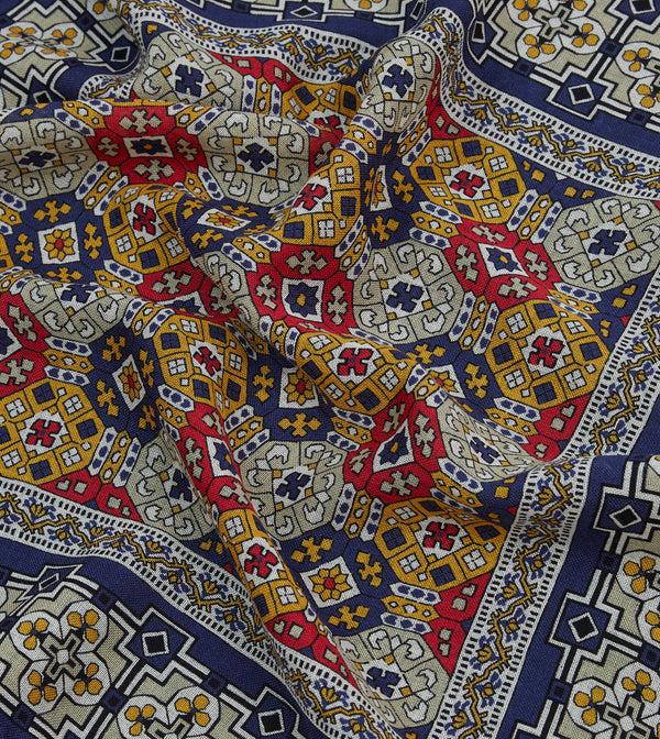 Drake's Navy Geometric Tapestry Print Wool-Silk Pocket Square
