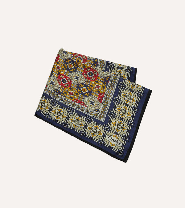 Drake's Navy Geometric Tapestry Print Wool-Silk Pocket Square
