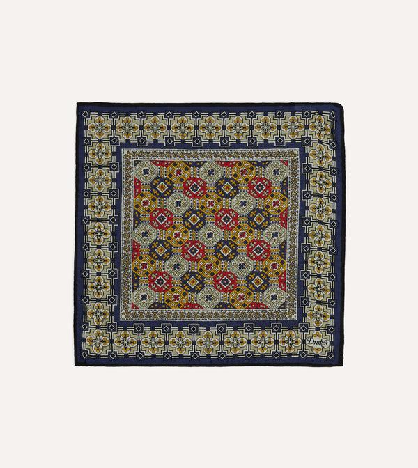 drake's Navy Geometric Tapestry Print Wool-Silk Pocket Square