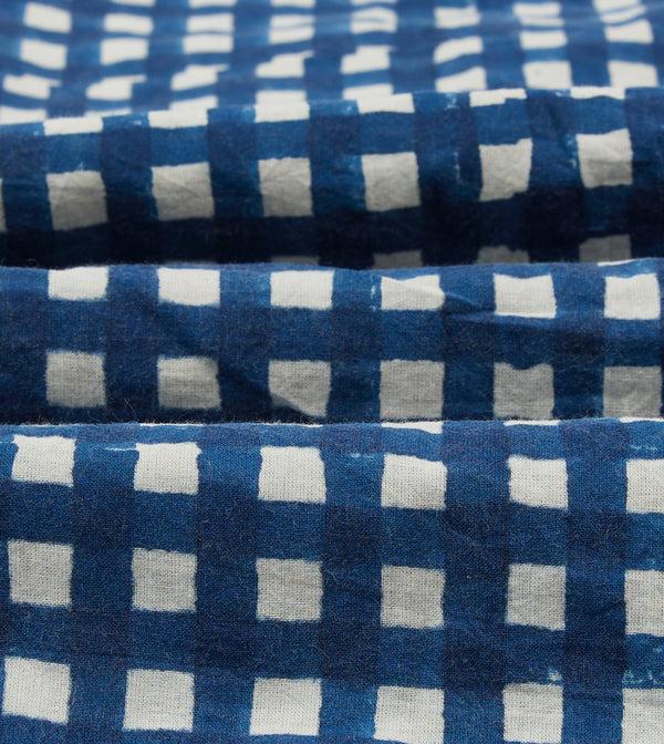 Drake's Navy Gingham Check Block Print Cotton Camp Collar Short Sleeve Shirt