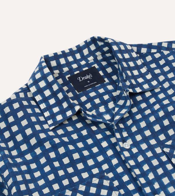 Drake's Navy Gingham Check Block Print Cotton Camp Collar Short Sleeve Shirt