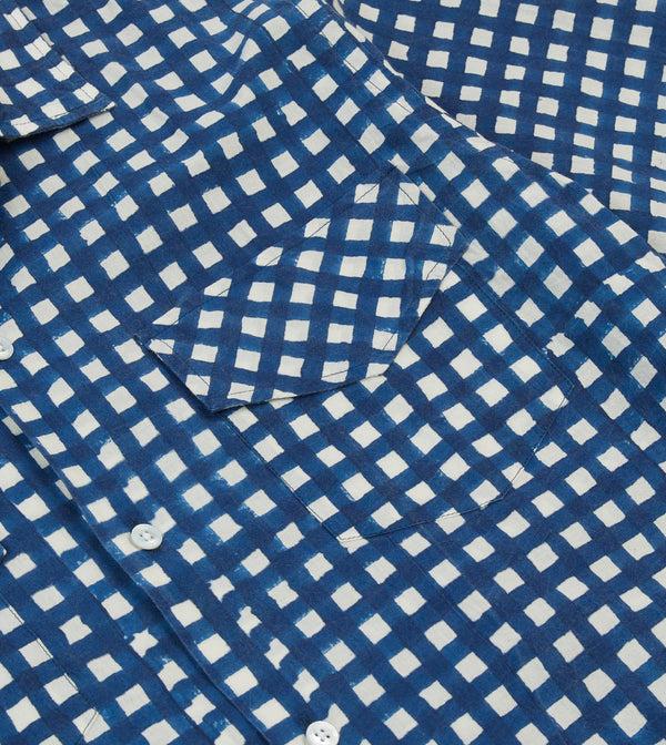 Drake's Navy Gingham Check Block Print Cotton Camp Collar Short Sleeve Shirt