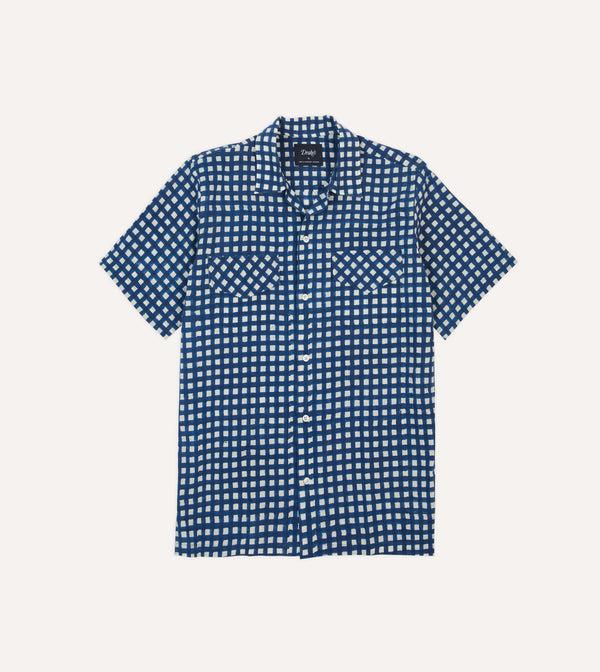 drake's Navy Gingham Check Block Print Cotton Camp Collar Short Sleeve Shirt
