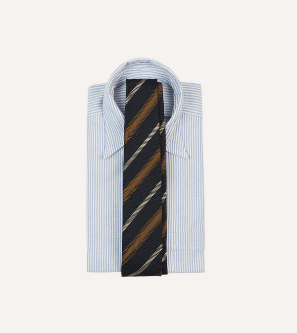 Drake's Navy Gold And Ecru Stripe Hand Rolled Silk Grenadine Tie
