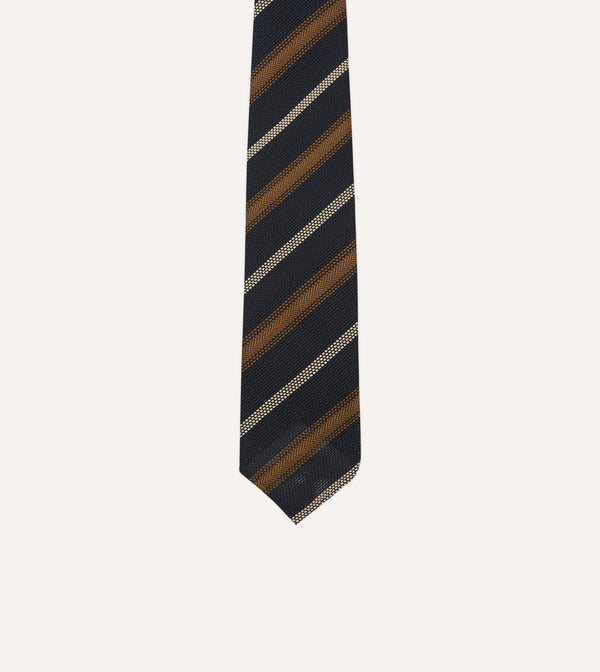 Drake's Navy Gold And Ecru Stripe Hand Rolled Silk Grenadine Tie