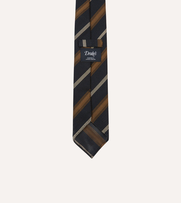 Drake's Navy Gold And Ecru Stripe Hand Rolled Silk Grenadine Tie