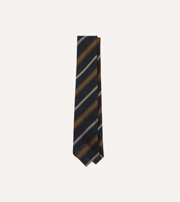 drake's Navy Gold and Ecru Stripe Hand Rolled Silk Grenadine Tie