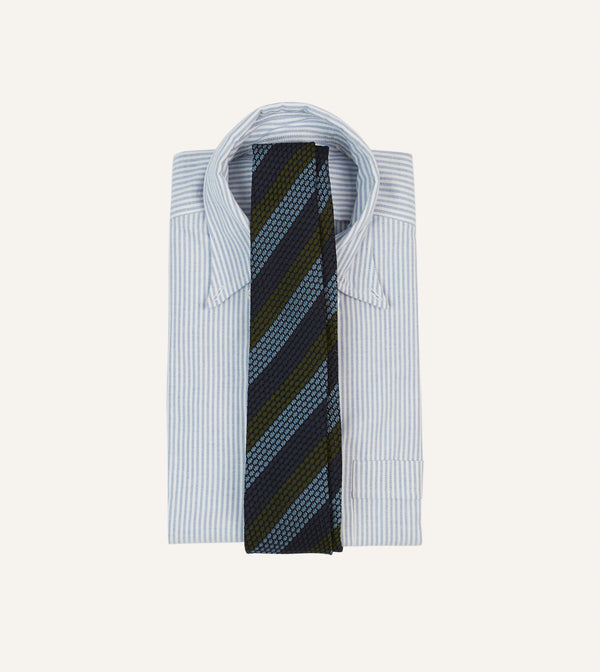 Drake's Navy Green And Blue Block Stripe Hand Rolled Silk Grenadine Tie
