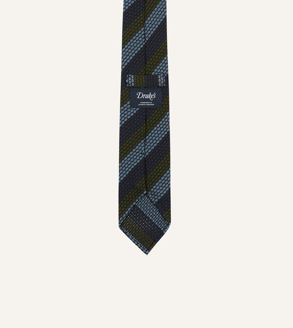 Drake's Navy Green And Blue Block Stripe Hand Rolled Silk Grenadine Tie