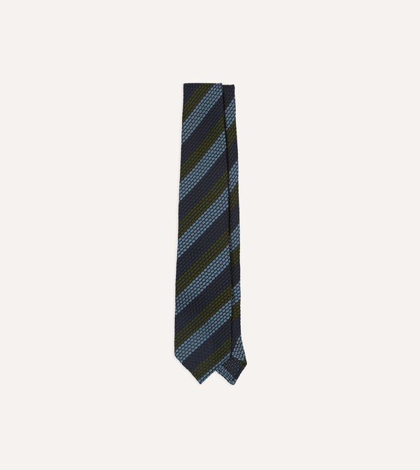 drake's Navy Green and Blue Block Stripe Hand Rolled Silk Grenadine Tie