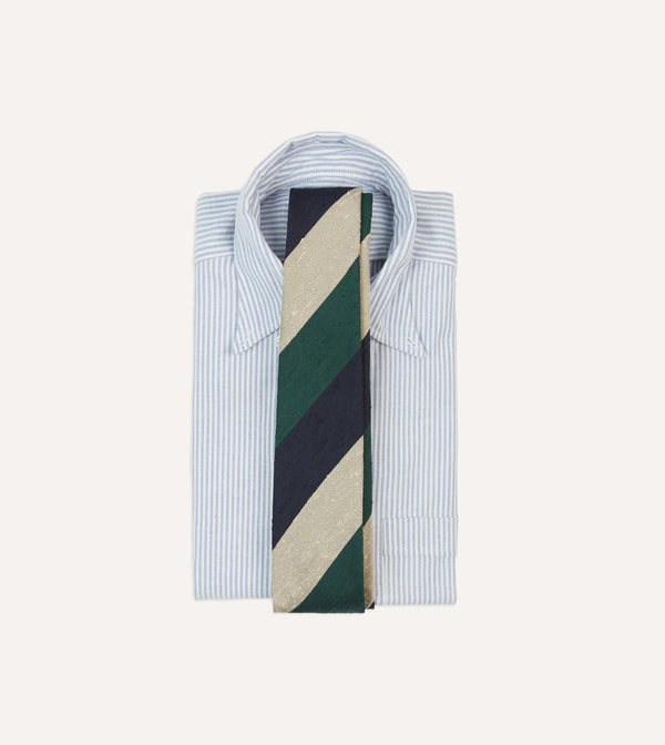 Drake's Navy Green And Ecru Block Stripe Shantung Silk Tie