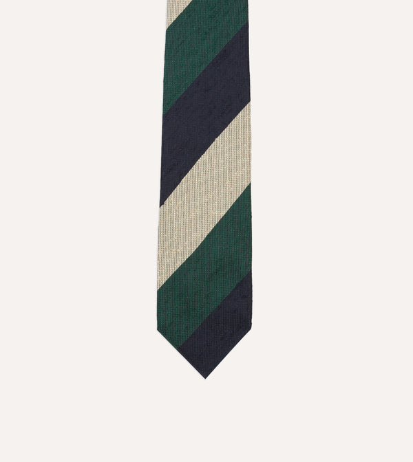 Drake's Navy Green And Ecru Block Stripe Shantung Silk Tie