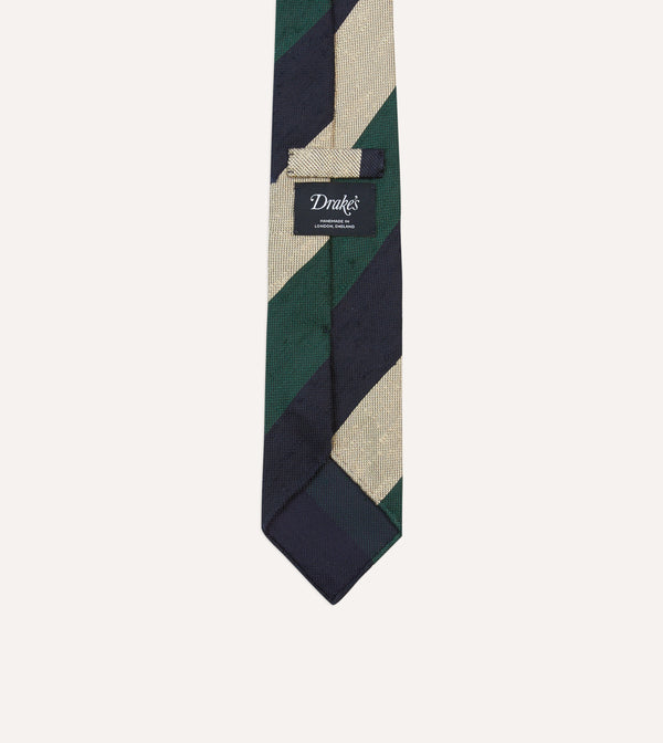 Drake's Navy Green And Ecru Block Stripe Shantung Silk Tie