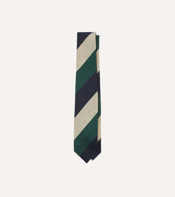 drake's Navy Green and Ecru Block Stripe Shantung Silk Tie