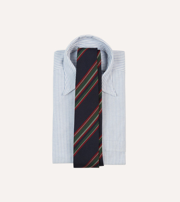 Drake's Navy Green And Red Stripe Hand Rolled Silk Grenadine Tie