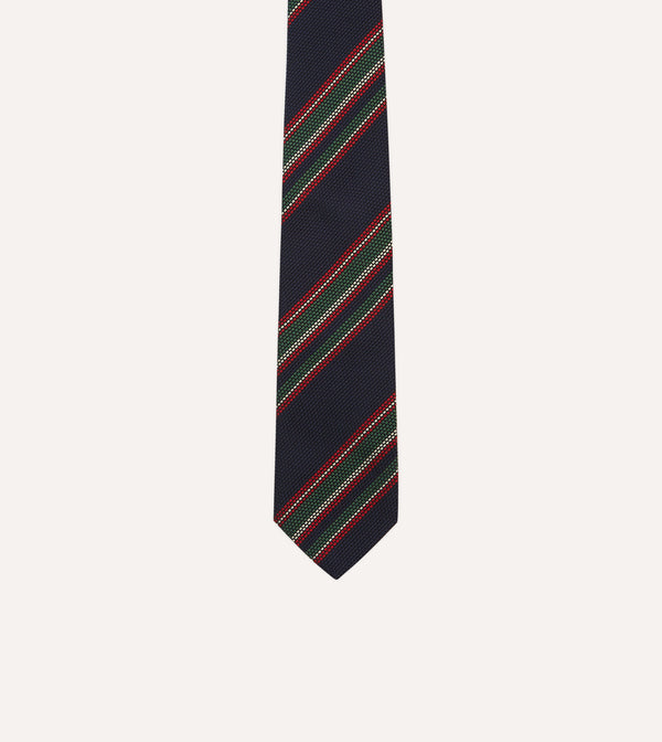 Drake's Navy Green And Red Stripe Hand Rolled Silk Grenadine Tie
