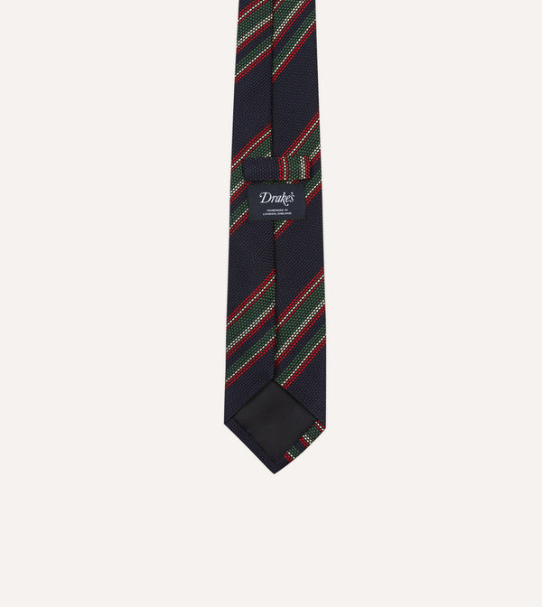 Drake's Navy Green And Red Stripe Hand Rolled Silk Grenadine Tie