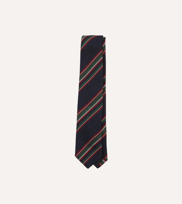drake's Navy Green and Red Stripe Hand Rolled Silk Grenadine Tie