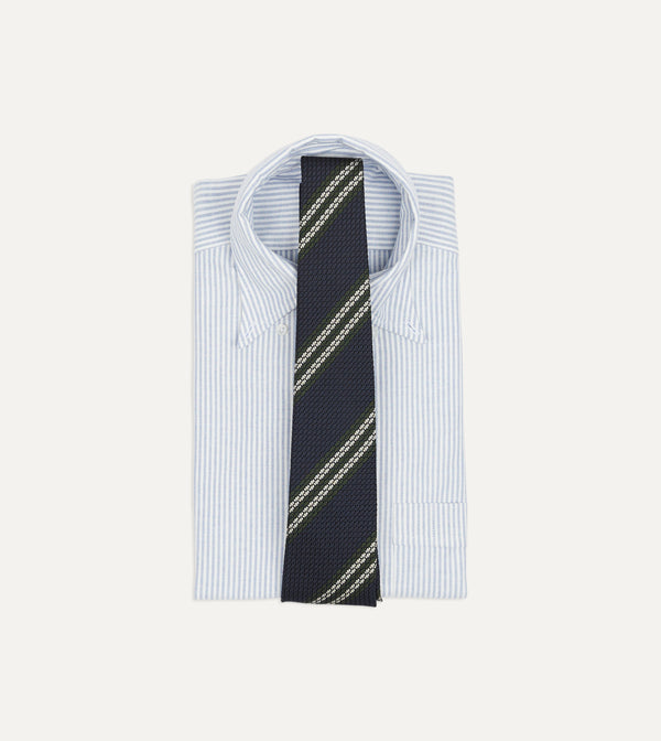 Drake's Navy Green And White Double Stripe Silk Grenadine Tie