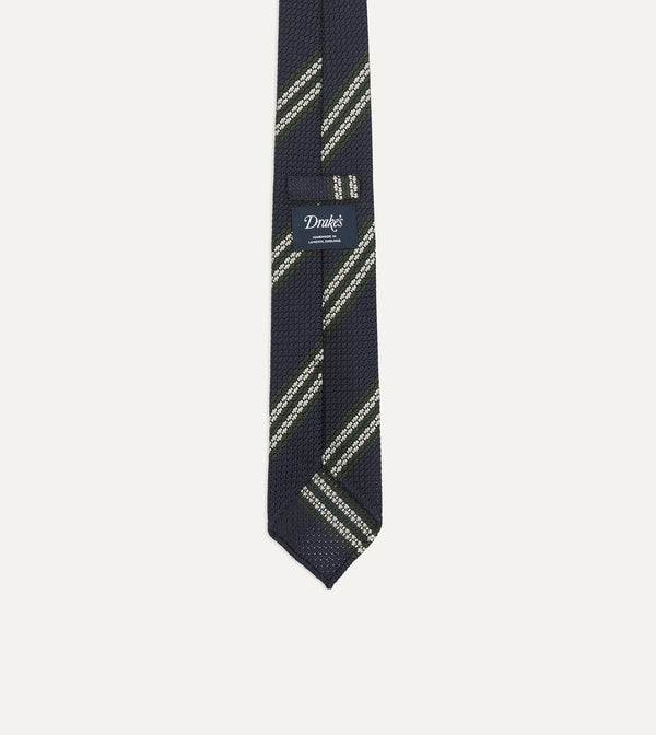 Drake's Navy Green And White Double Stripe Silk Grenadine Tie
