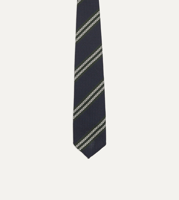 Drake's Navy Green And White Double Stripe Silk Grenadine Tie