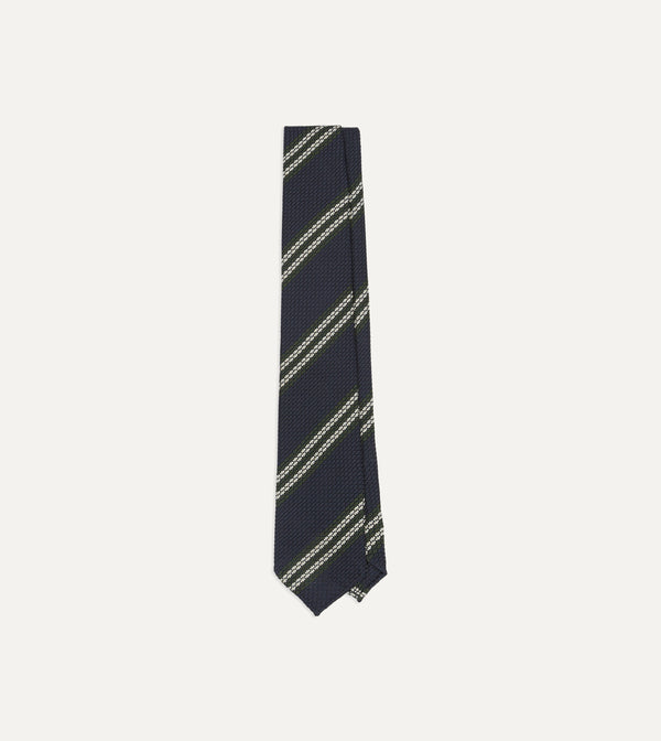 drake's Navy Green and White Double Stripe Silk Grenadine Tie