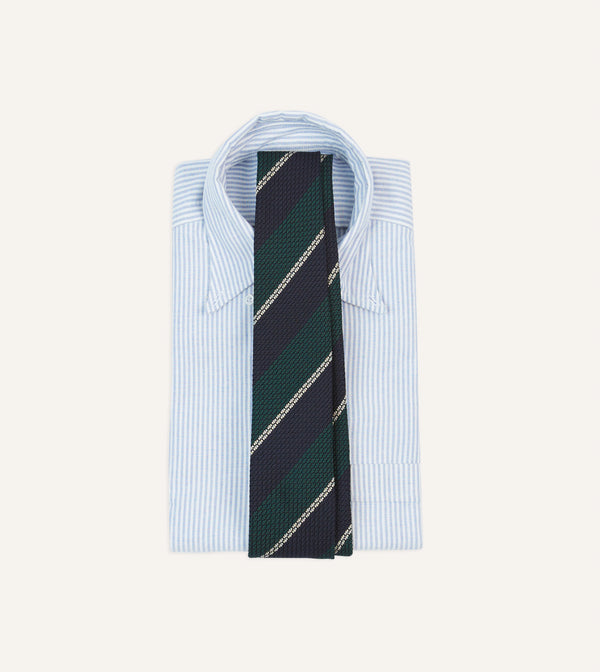 Drake's Navy Green And White Multi Stripe Hand Rolled Silk Grenadine Tie