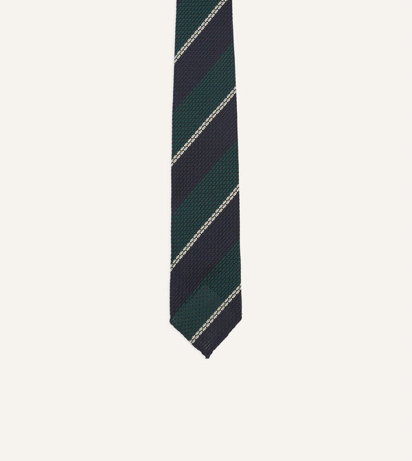 Drake's Navy Green And White Multi Stripe Hand Rolled Silk Grenadine Tie