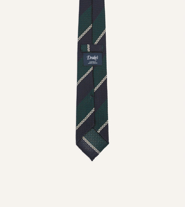 Drake's Navy Green And White Multi Stripe Hand Rolled Silk Grenadine Tie