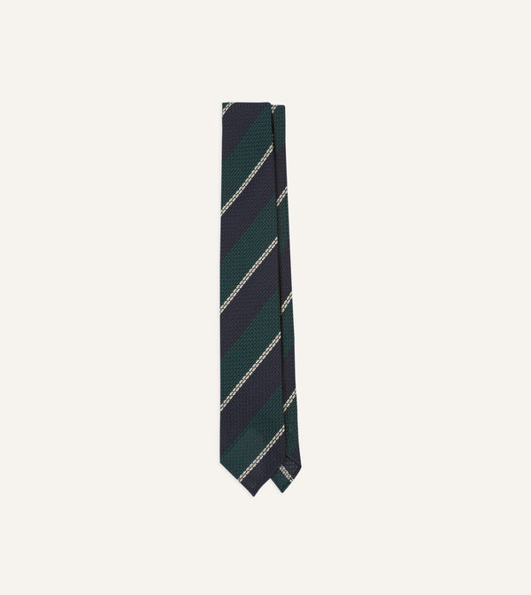 drake's Navy Green and White Multi Stripe Hand Rolled Silk Grenadine Tie