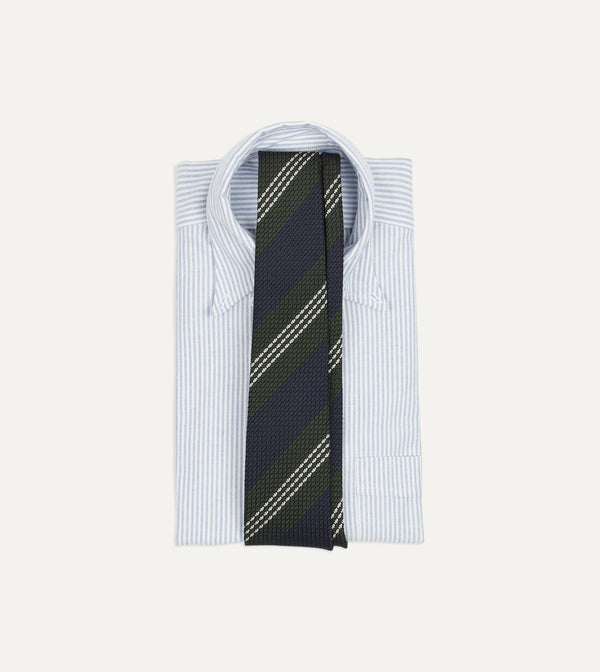 Drake's Navy Green And White Multi Stripe Silk Grenadine Tie